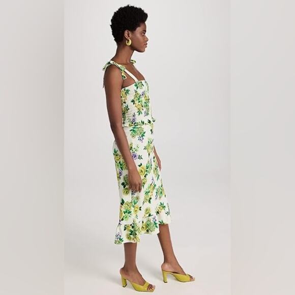 Amanda Uprichard x Revolve Green Floral Smocked Sleeveless Ruffle Midi Dress M - Picture 3 of 11
